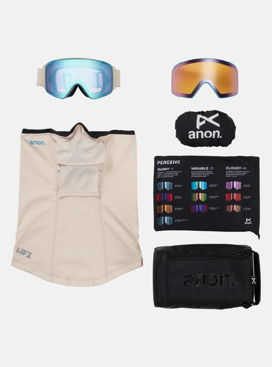 Anon M4 (Cylindrical) Goggles & MFI Face Mask & Spare Lens 2026 - Oat / Perceive Variable Blue Lens - Elevation107