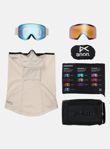 Anon M4 (Cylindrical) Goggles & MFI Face Mask & Spare Lens 2026 - Oat / Perceive Variable Blue Lens - Elevation107