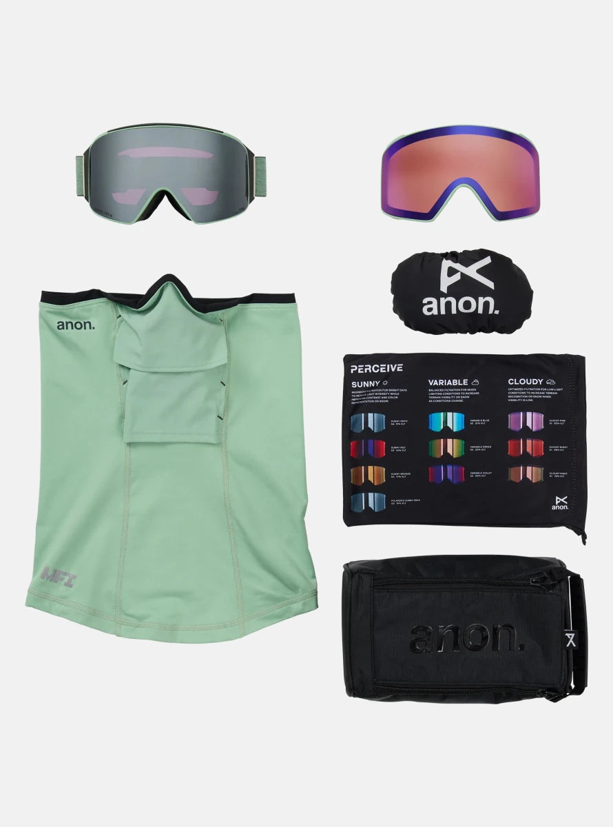 Anon M4 (Cylindrical) Goggles & MFI Face Mask & Spare Lens 2026 - Soft Sage / Perceive Sunny Onyx Lens - Elevation107