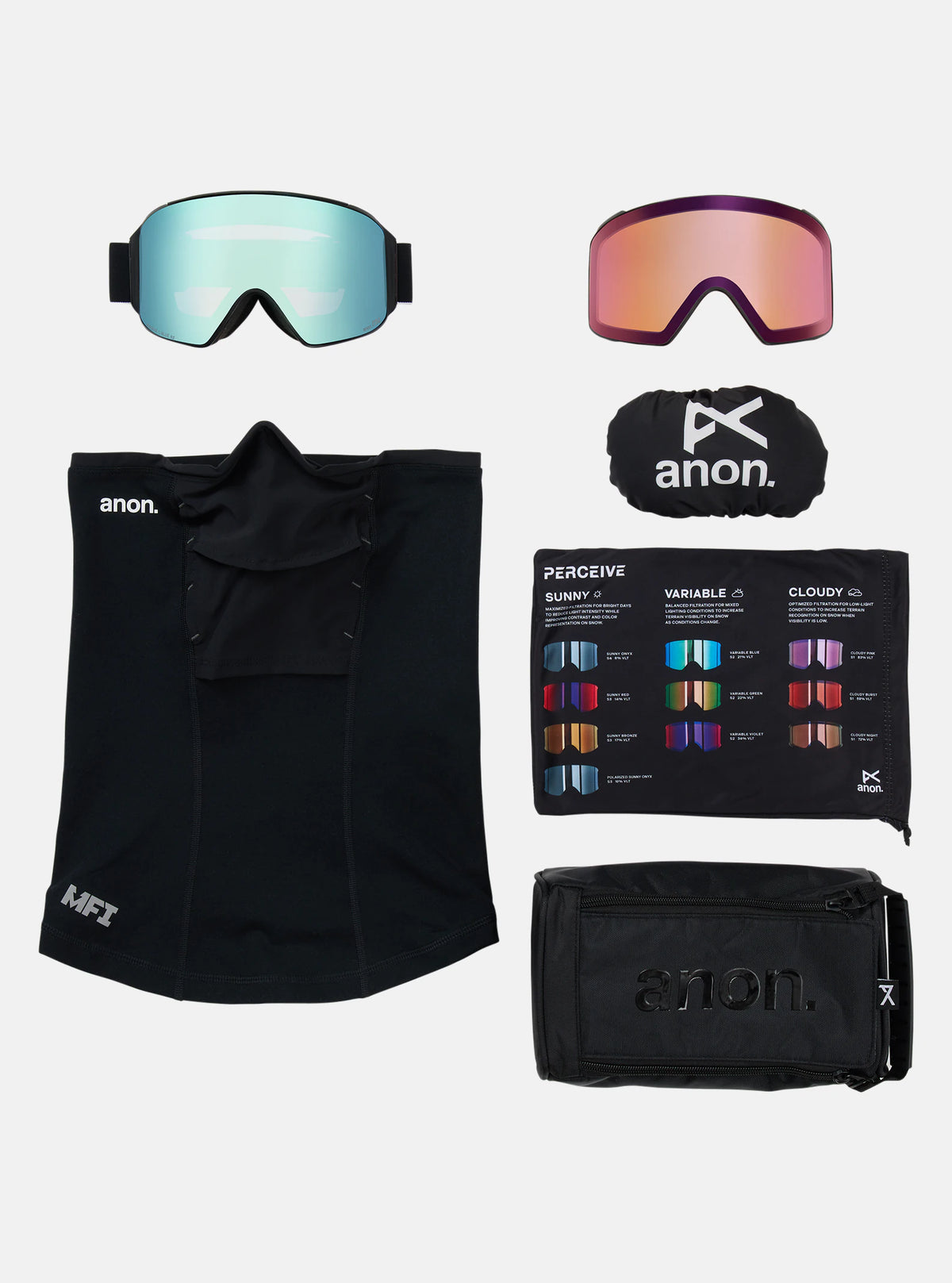 Anon M4 (Cylindrical) Goggles & MFI Face Mask & Spare Lens - Black / Perceive Variable Blue Lens - Low Bridge Fit - Elevation107