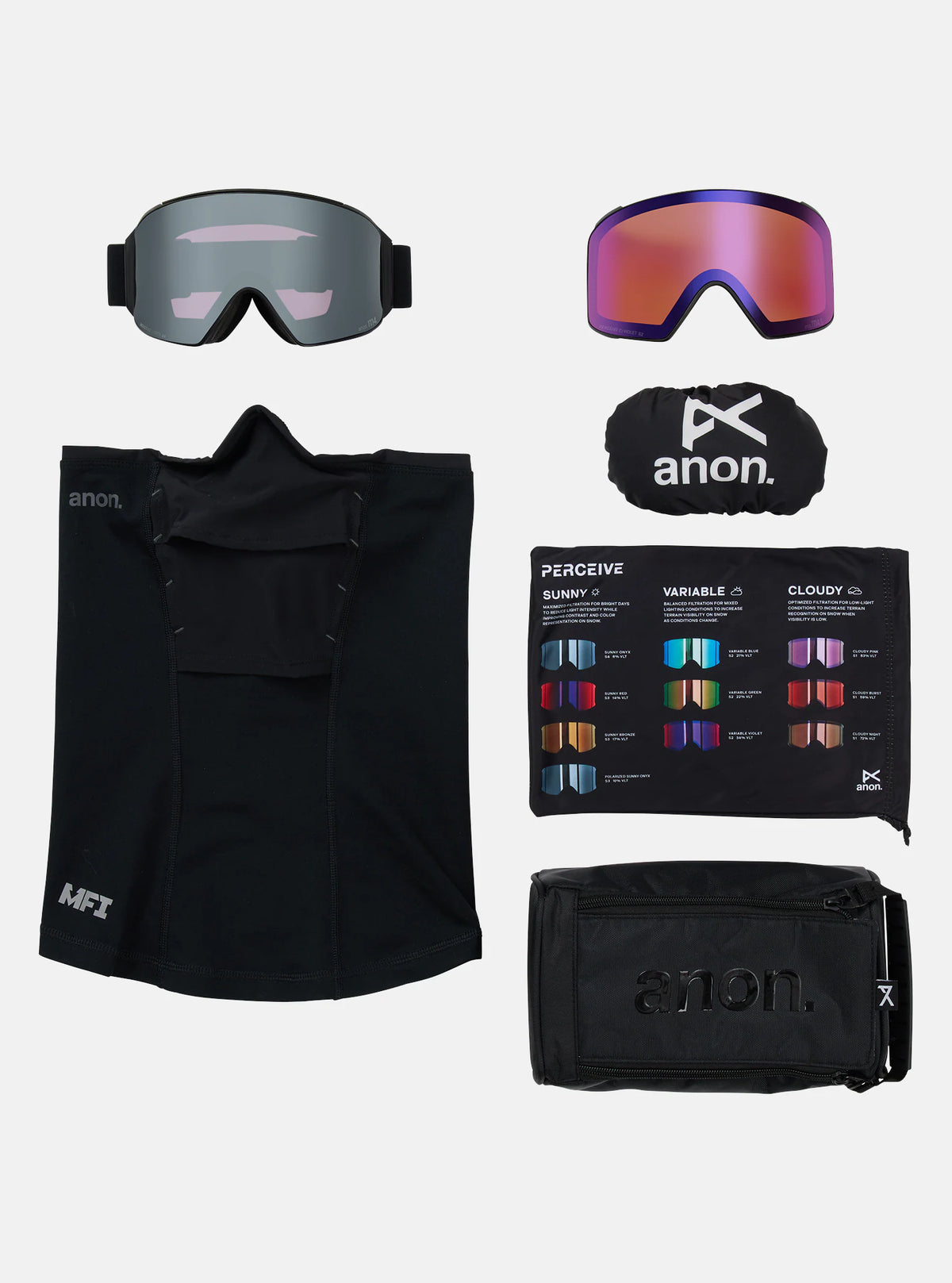 Anon M4 (Cylindrical) Goggles & MFI Face Mask & Spare Lens - Smoke / Perceive Sunny Onyx Lens - Low Bridge Fit - Elevation107