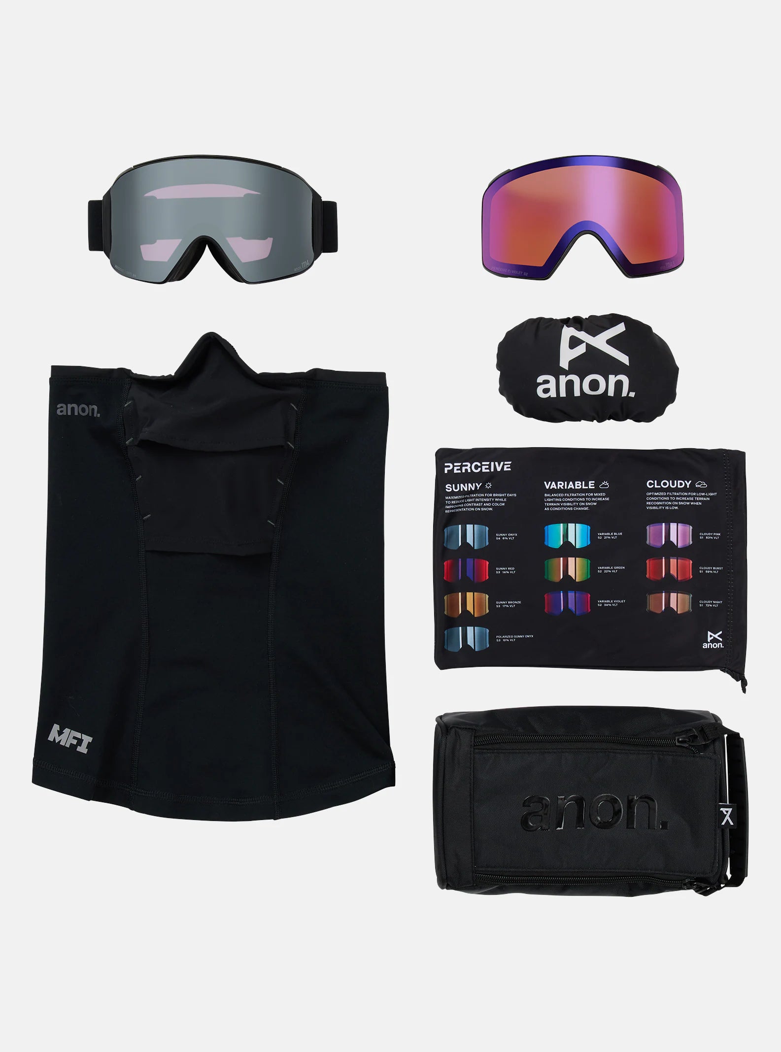 Anon M4 (Cylindrical) Goggles & MFI Face Mask & Spare Lens - Smoke / Perceive Sunny Onyx Lens - Low Bridge Fit - Elevation107