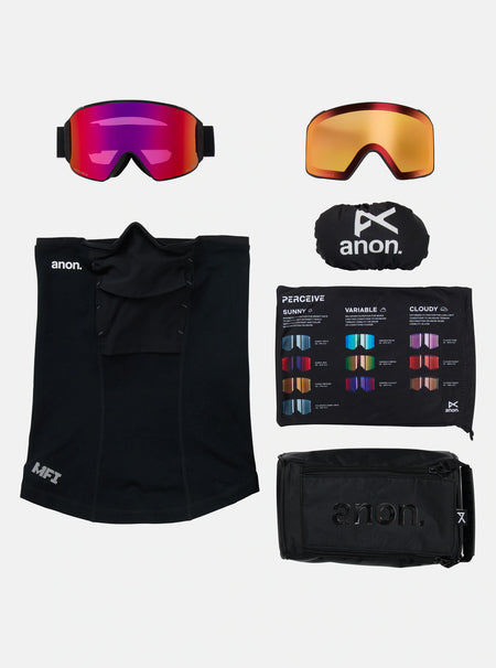 Anon M4 (Cylindrical) Goggles & MFI Face Mask & Spare Lens - Black / Perceive Sunny Red Lens - Elevation107