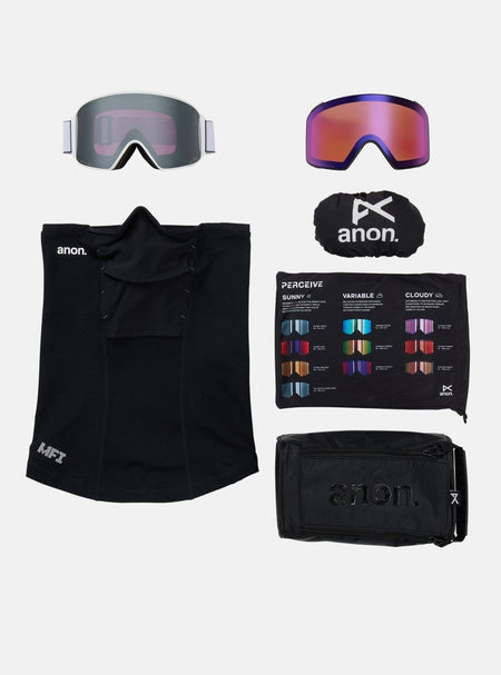 Anon M4 (Cylindrical) Goggles & MFI Face Mask & Spare Lens - White / Perceive Sunny Onyx Lens - Low Bridge Fit - Elevation107