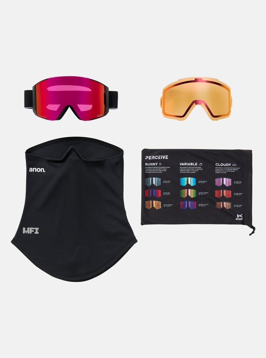 Anon Sync Goggles & MFI Face Mask & Spare Lens - Black / Perceive Sunny Red Lens - Elevation107