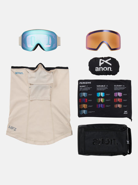 Anon M4S (Cylindrical) Goggles & MFI Face Mask & Spare Lens - Oat / Perceive Variable Blue Lens - Low Bridge Fit - Elevation107