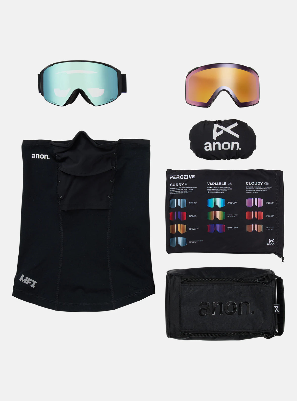 Anon M4S (Cylindrical) Goggles & MFI Face Mask & Spare Lens - Black / Perceive Variable Blue Lens - Low Bridge Fit - Elevation107