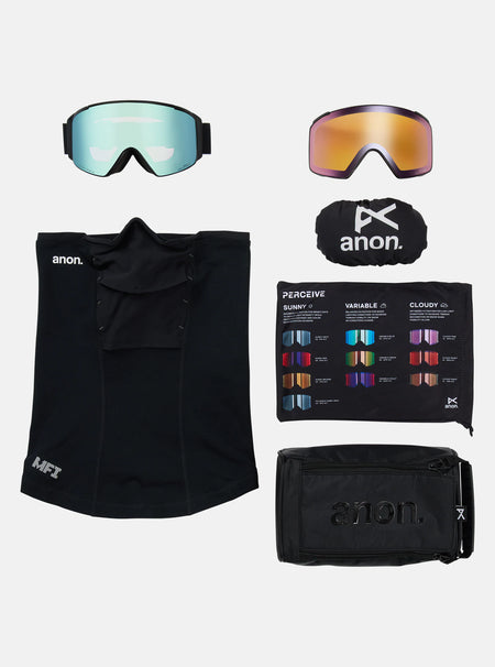 Anon M4S (Cylindrical) Goggles & MFI Face Mask & Spare Lens - Black / Perceive Variable Blue Lens - Elevation107