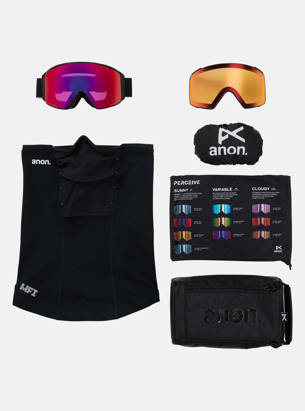 Anon M4S (Cylindrical) Goggles & MFI Face Mask & Spare Lens - Black / Perceive Sunny Red Lens - Elevation107