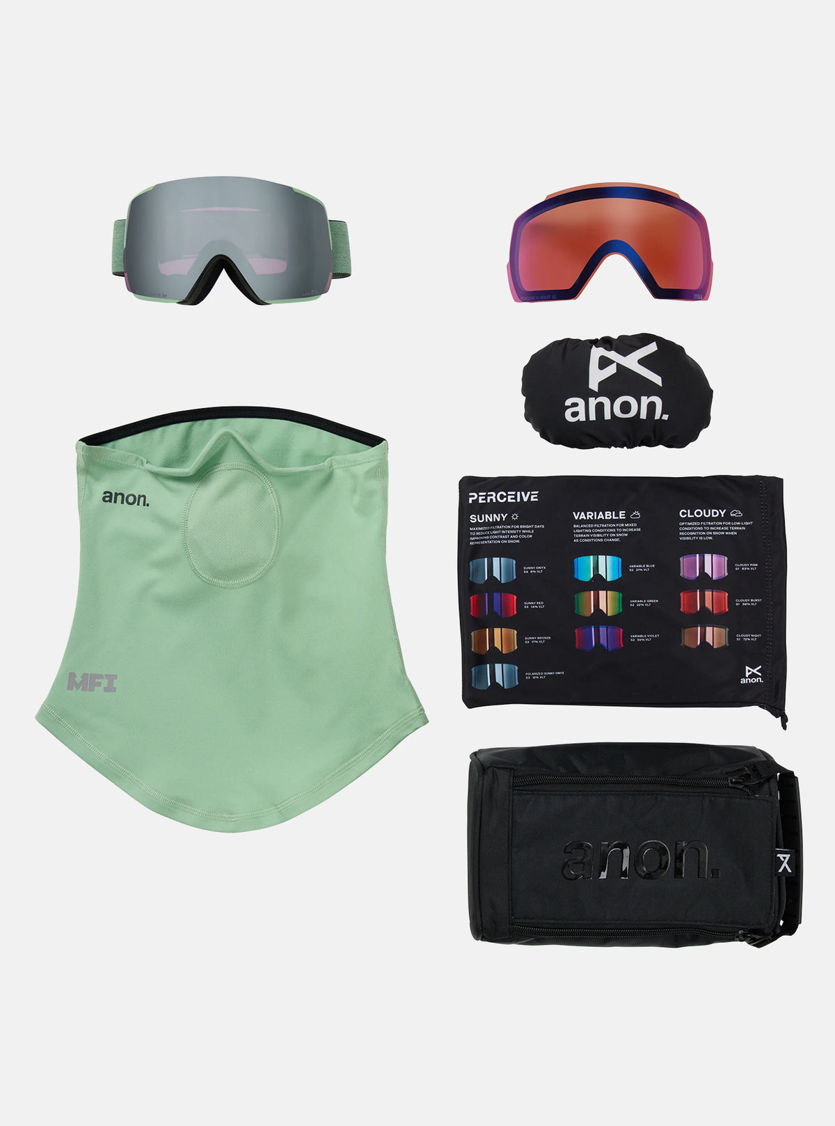 Anon M5S Goggles & MFI Face Mask & Spare Lens - Soft Sage / Perceive Sunny Onyx Lens - Elevation107