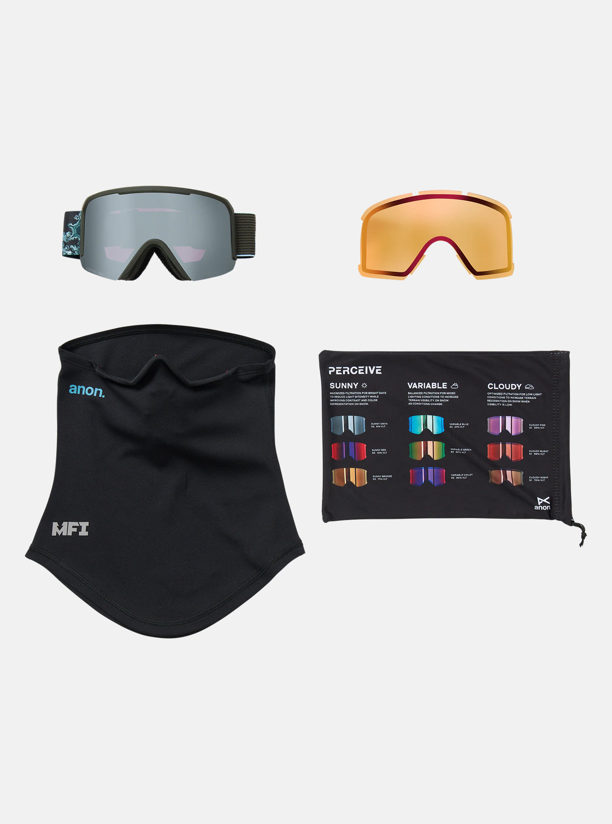 Anon Nesa Goggles & Spare Lens - Snow Flurry / Perceive Sunny Onyx Lens - Low Bridge Fit - Elevation107