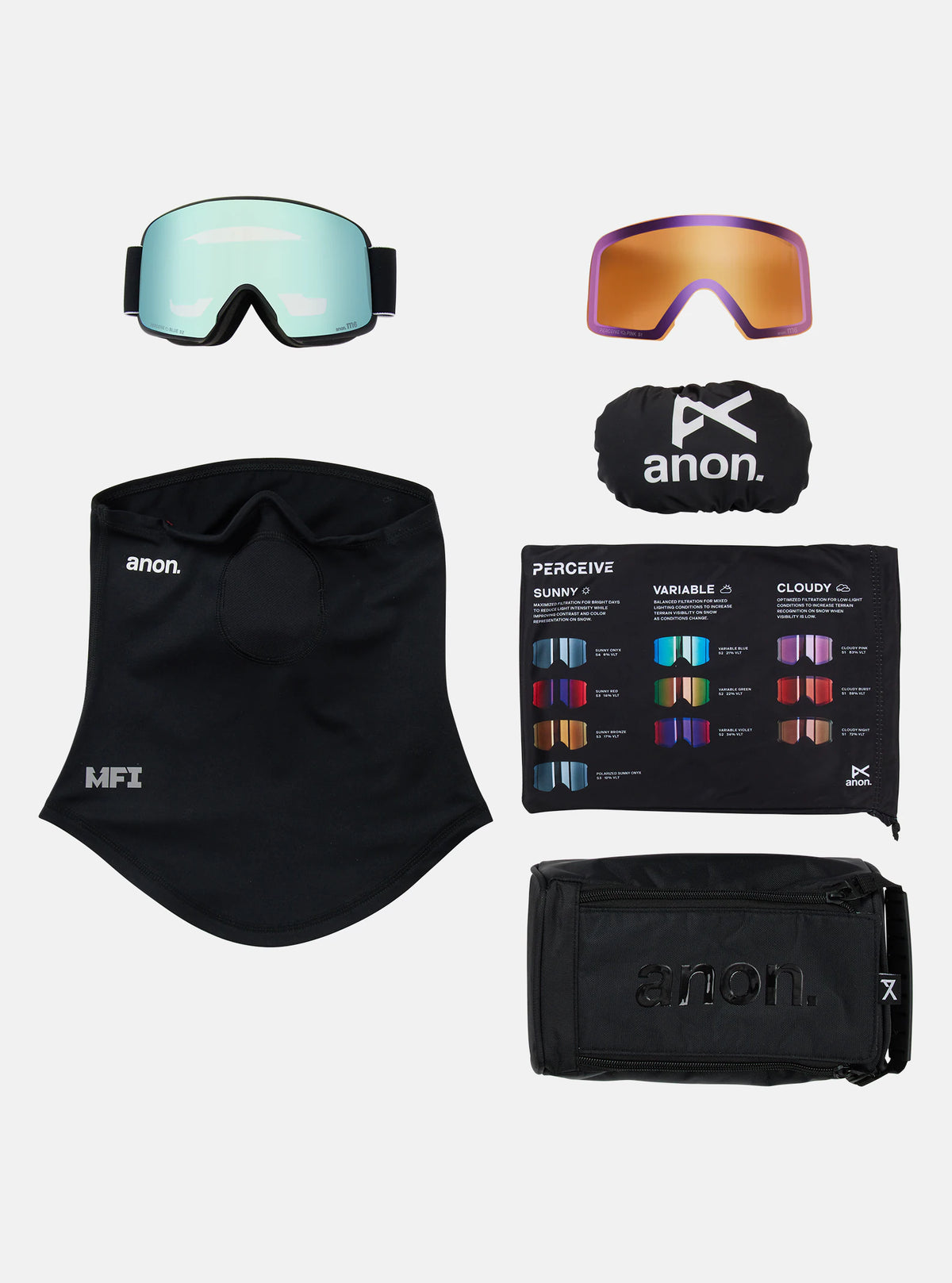 Anon M6 Goggles & MFI Face Mask & Spare Lens - Black / Perceive Variable Blue Lens - Elevation107