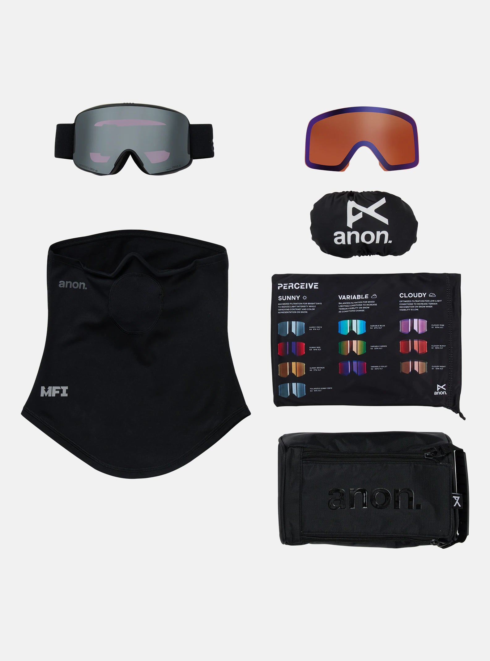 Anon M6 Goggles & MFI Face Mask & Spare Lens - Smoke / Perceive Sunny Onyx Lens - Low Bridge Fit - Elevation107