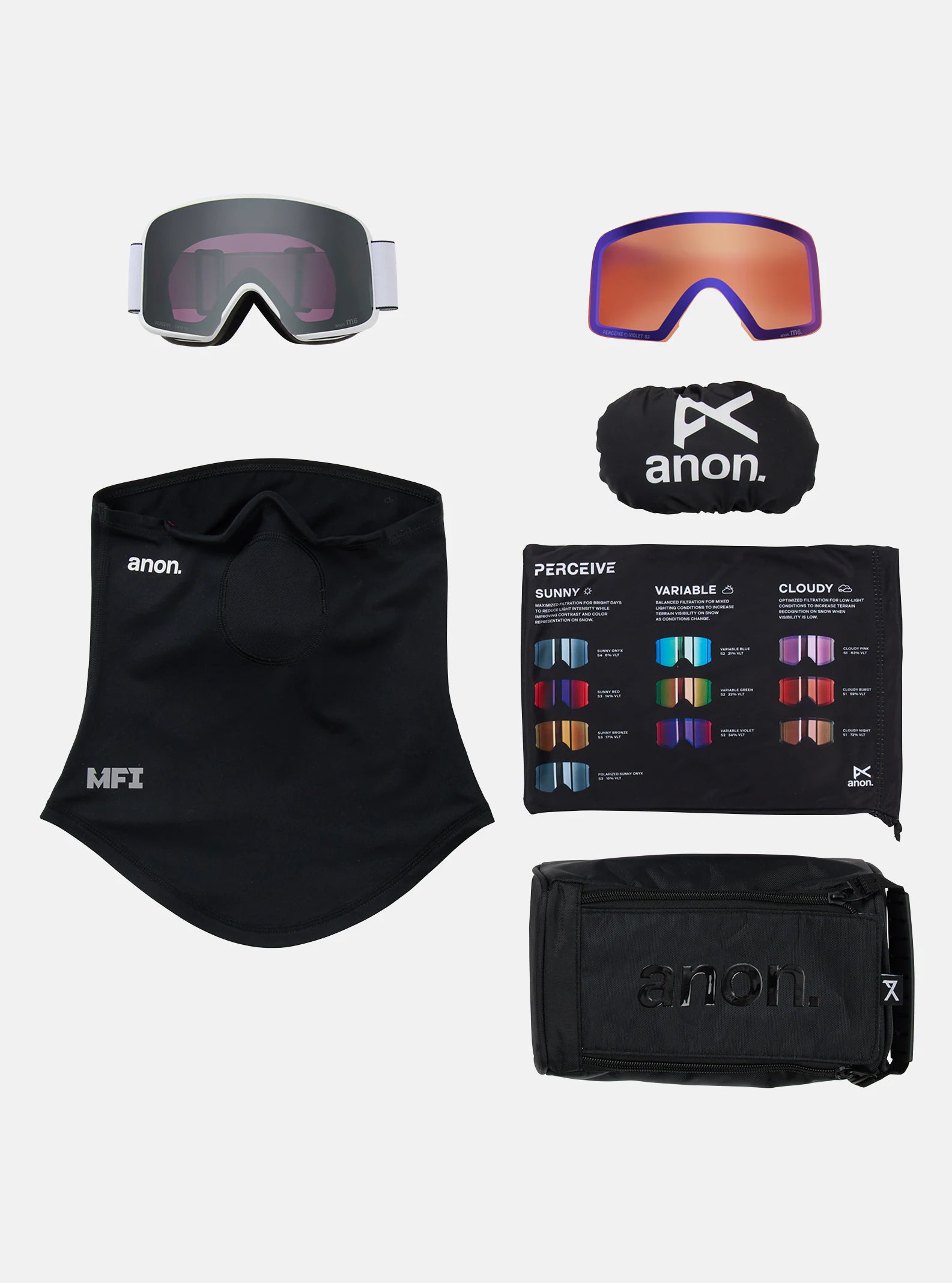 Anon M6 Goggles & MFI Face Mask & Spare Lens - White / Perceive Sunny Onyx Lens - Low Bridge Fit - Elevation107