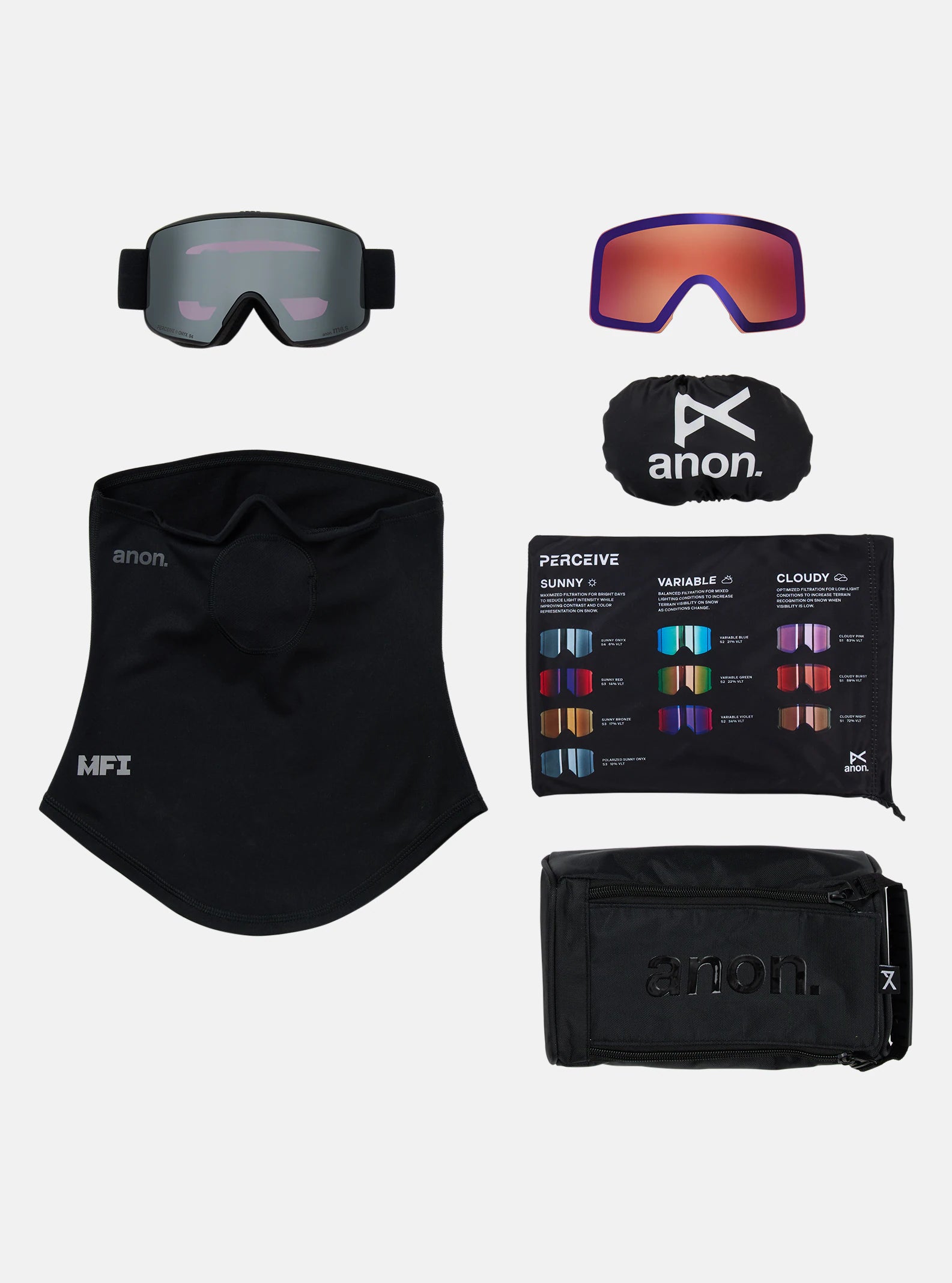 Anon M6S Goggles & MFI Face Mask & Spare Lens - Smoke / Perceive Sunny Onyx Lens - Elevation107