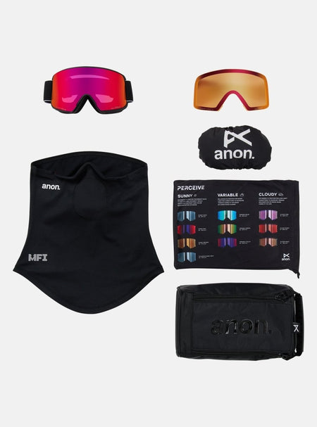 Anon M6S Goggles & MFI Face Mask & Spare Lens - Black / Perceive Sunny Red Lens - Low Bridge Fit - Elevation107