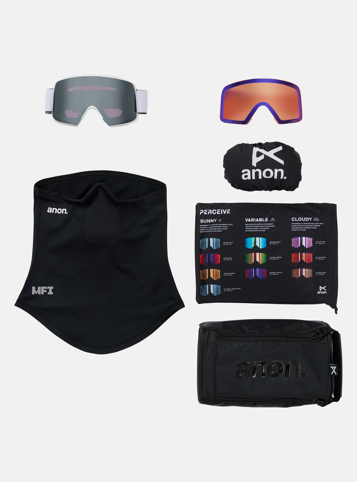 Anon M6S Goggles & MFI Face Mask & Spare Lens - White / Perceive Sunny Onyx Lens - Low Bridge Fit - Elevation107